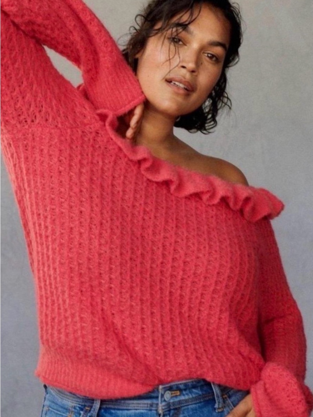 Off-Shoulder Ruffle Trim Sweater - Pink